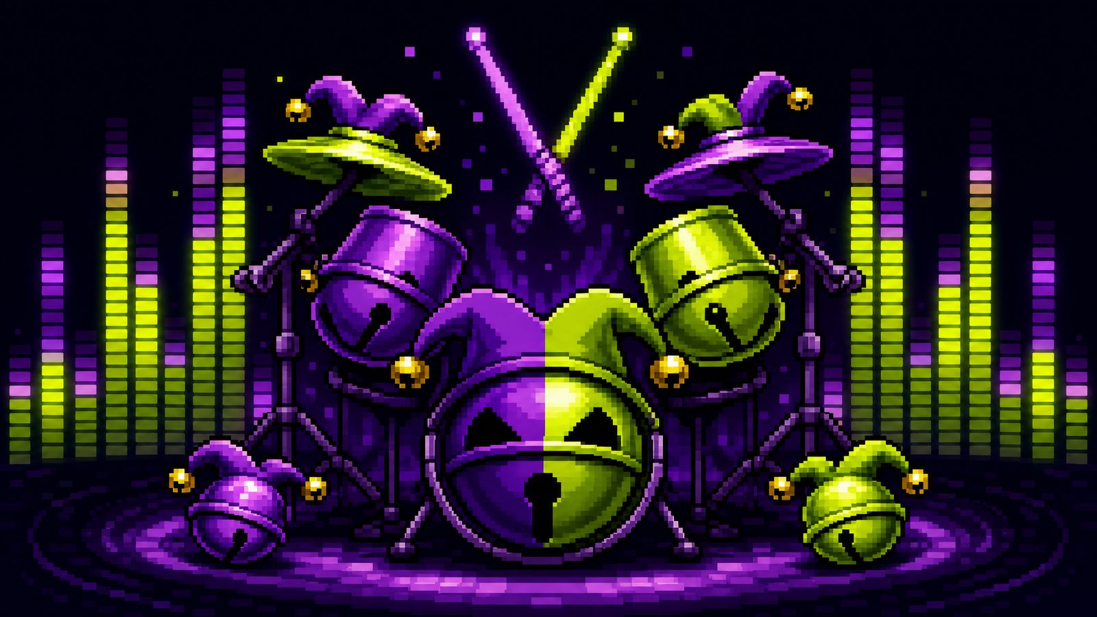 Pixel-art jester bells set up like a drum kit with neon equalizer bars behind
