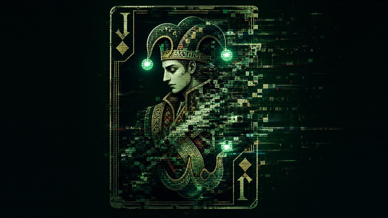 A court playing card breaking apart into green glitch pixels and datamosh fragments