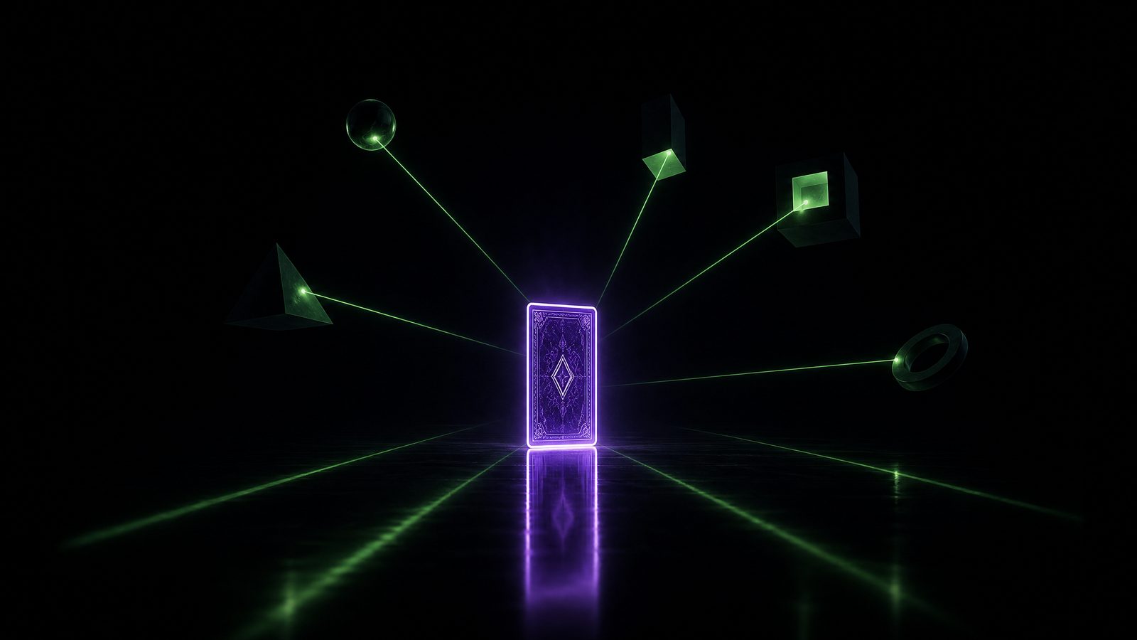A single glowing violet card in a dark void, green laser lines linking it to floating geometric shapes