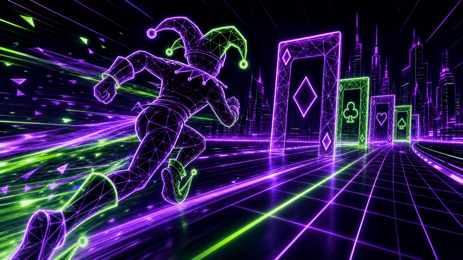 A glowing wireframe jester running down a synthwave grid highway between neon card gates