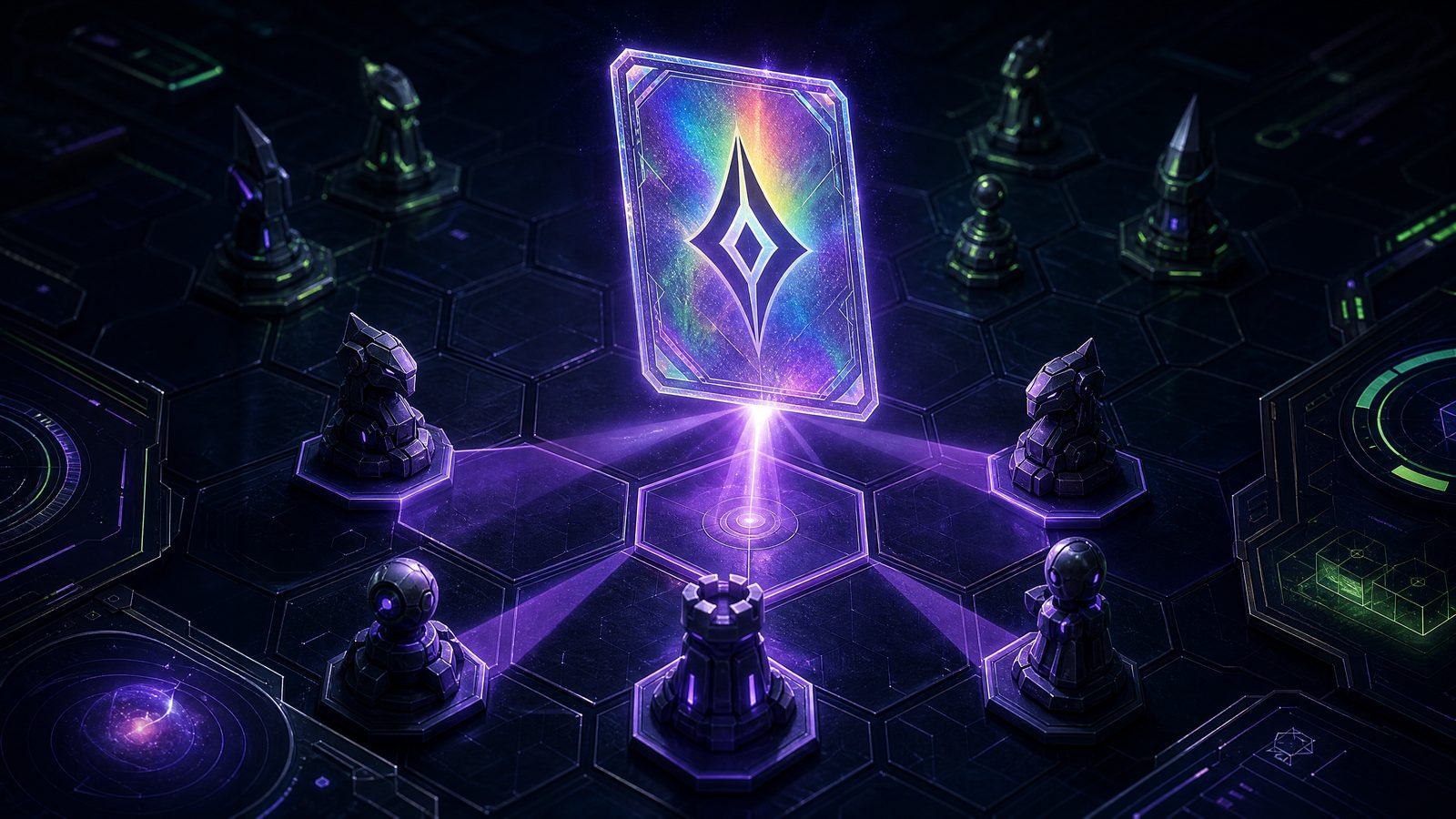 A holographic wild card projecting light onto a dark hex grid dotted with small robotic pieces